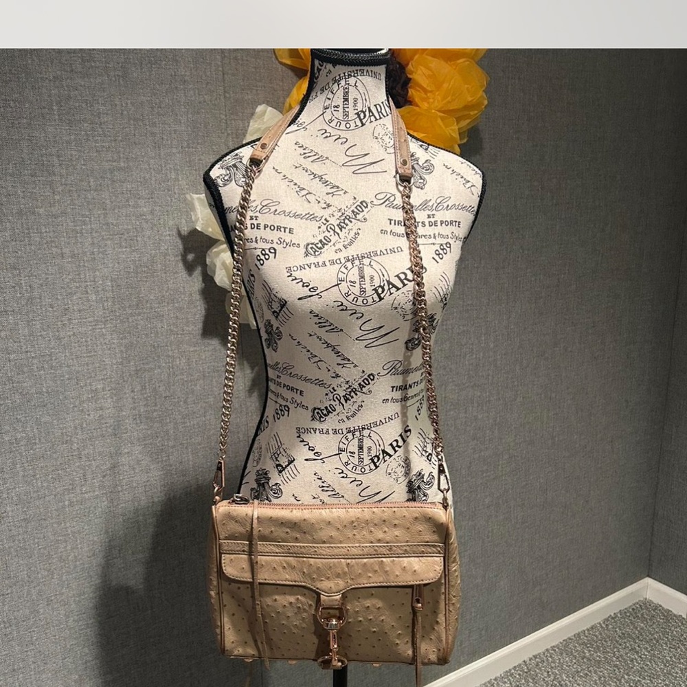 Rebecca Minkoff Beige Crossbody Bag with rose gold zipper, chain crossbody strap